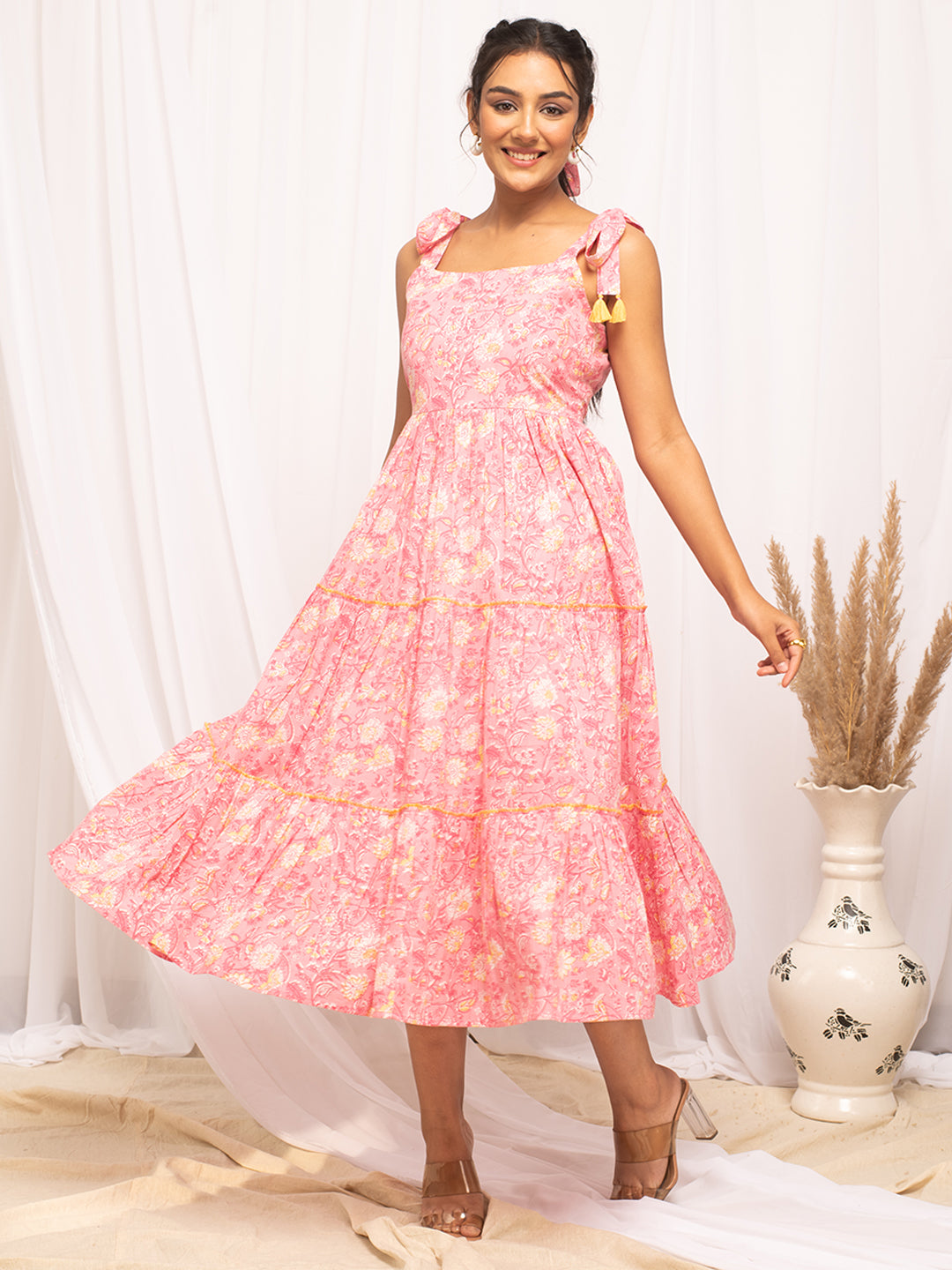 FIORRA Women's Peach Cotton Floral Printed  Dress